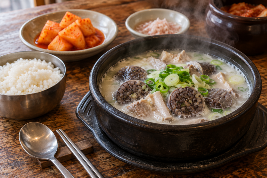 뜨거운 순대국과 밥, 깍두기가 차려진 식탁 — AI 실사풍 이미지