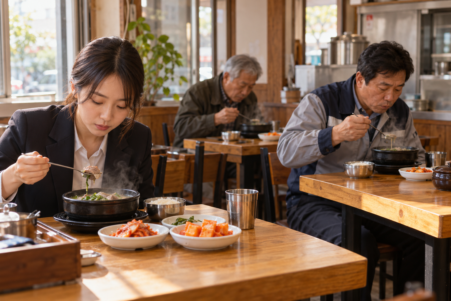 순대국 식당에서 각자의 국밥을 먹는 서로 다른 세대의 손님들