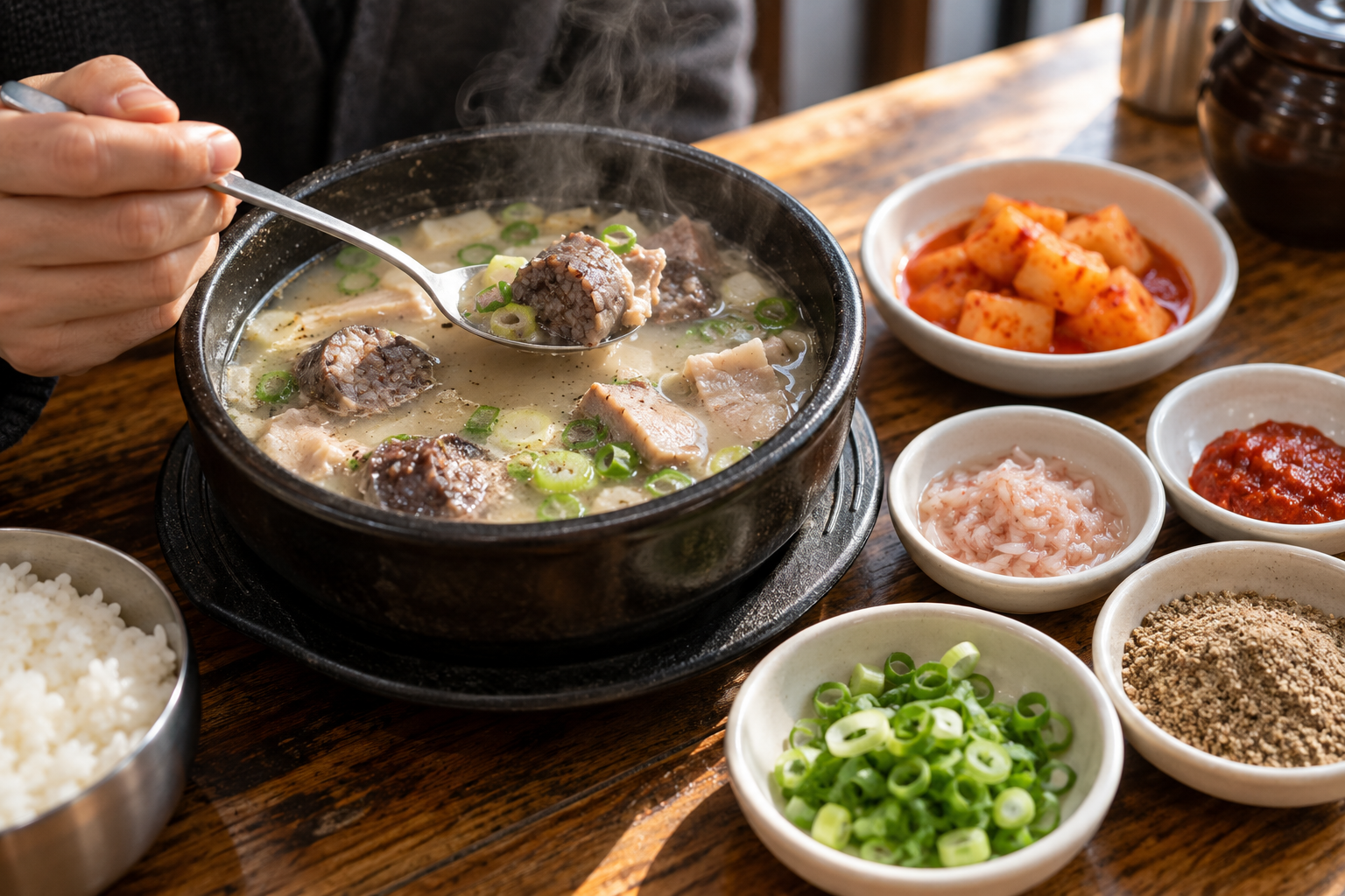 새우젓과 들깨가루를 곁들여 자신의 입맛으로 먹는 순대국